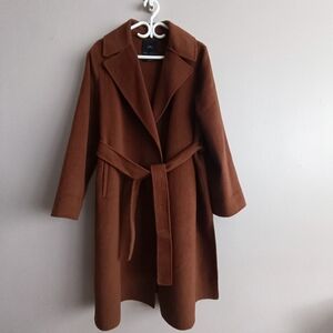 Zara Handmade Wool Blend Wrap Coat Belted Chocolate Brown Size L